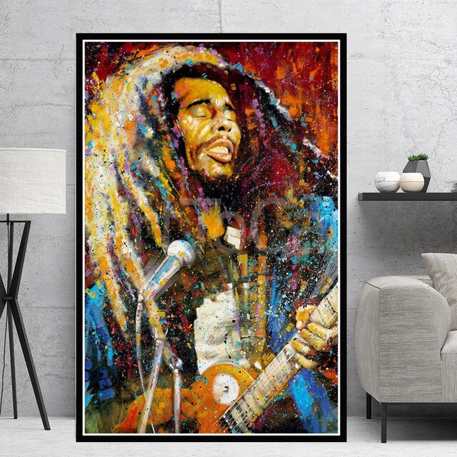 Affiche Bob Marley qui joue sa guitare.