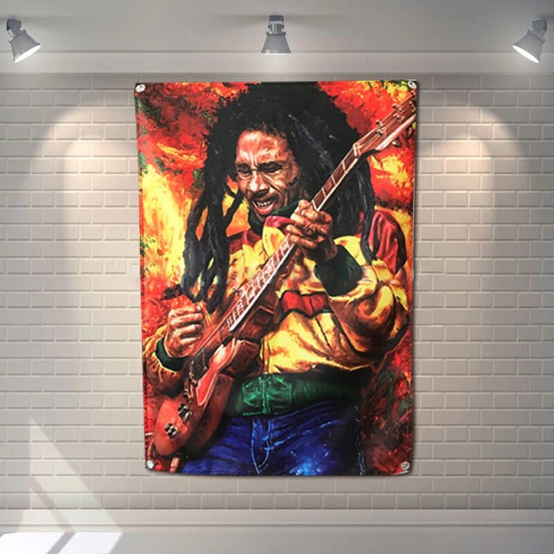 Drapeau imprimé Bob Marley avec guitare !
