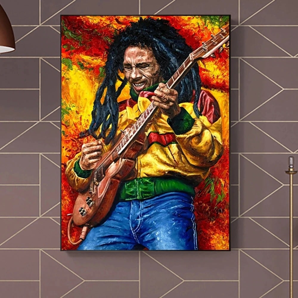 Affiche Bob Marley avec sa guitare.