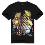 T shirt noir imprimé Bob Marley lion sur le devan.
