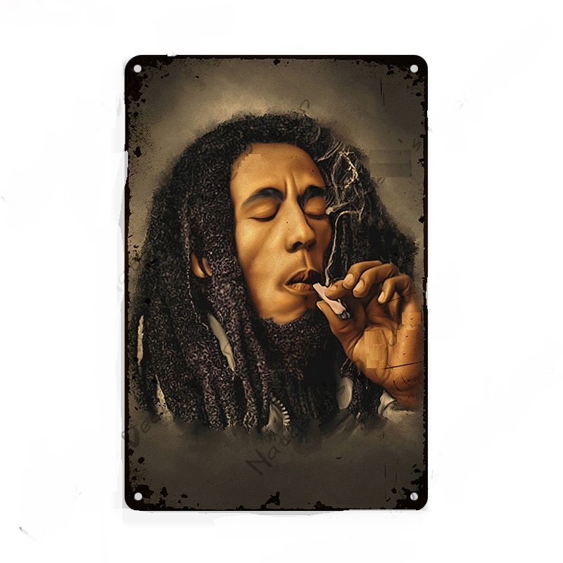 Affiche en métal, imprimé Bob Marley qui fume.