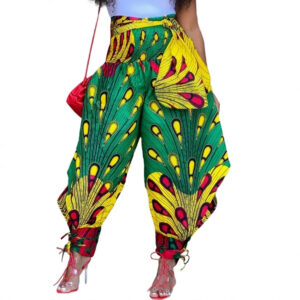 Pantalon Africain Vert et Jaune avec Imprimés Traditionnels sur fond blanc