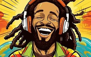 Dessins de Bob Marley avec un casque audio, les yeux fermés et un grand sourire.