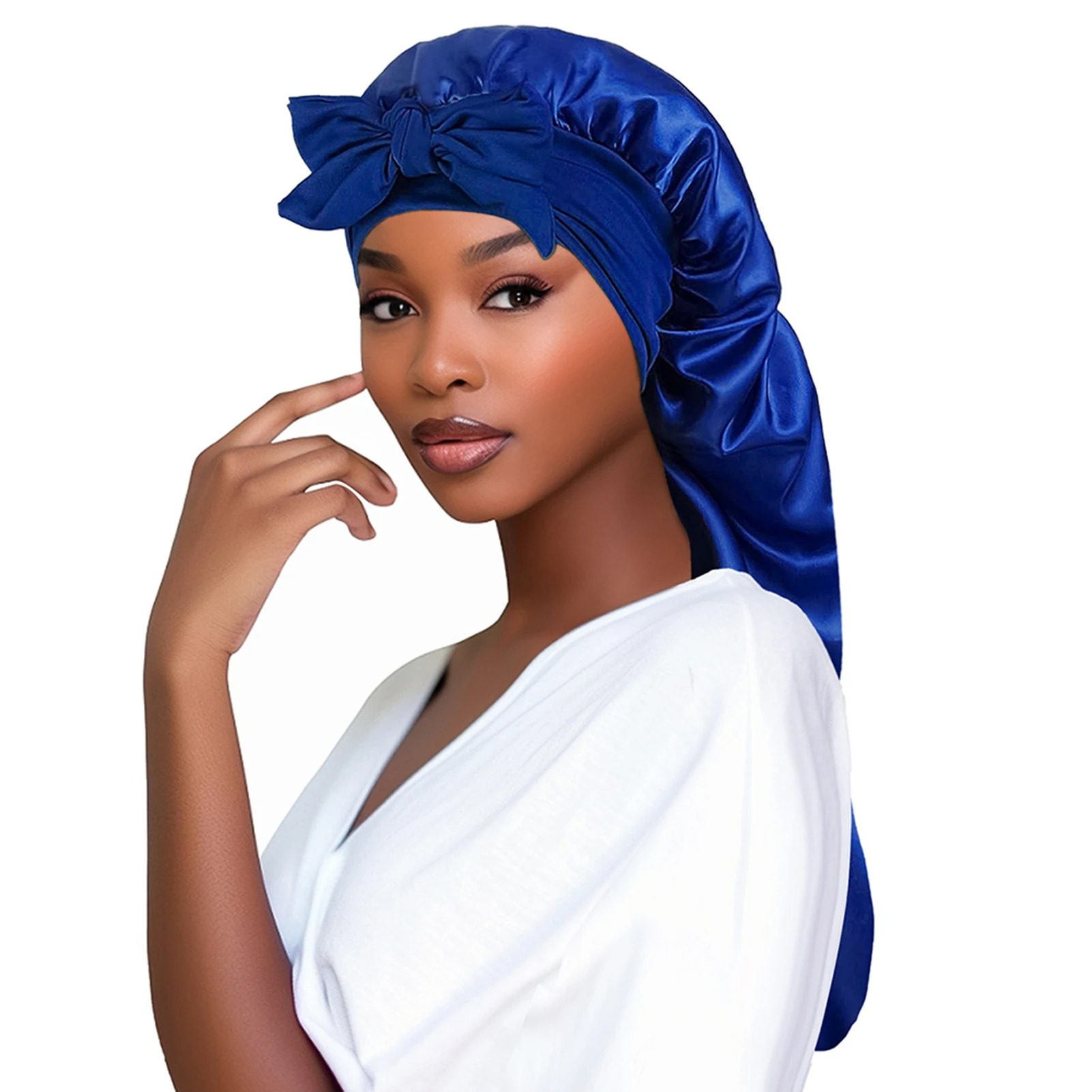 FRCOLOR Bonnet De Nuit Long Pour Homme - Cheveux Bouclés Avec Bonnet En Satin - Cadeau Pour Femme - Bonnet Pour Tresses - Bonnet Extensible Pour Homme - Chapeau De Beauté, Marine